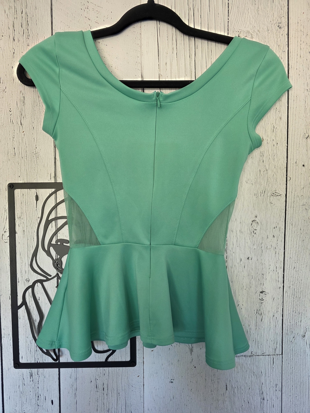 GUESS Mint Green Mesh Panel Peplum Top XXS Stretch Fitted - Picture 2 of 8